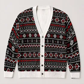 Black Red Nordic Geometric Motifs for Holiday Layering and Casual Men's Everyday Style All-over Print Knitted Cardigan