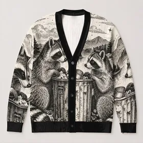 Moonlit Raccoon Duo Beneath Celestial Clouds for Relaxed Everyday Layering Style Wear All-over Print Knitted Cardigan