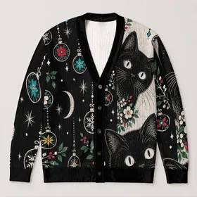 Black Cat Christmas Ornaments for Festive Winter Layering and Casual Everyday Style All-over Print Knitted Cardigan