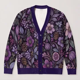 Purple Botanical Winter Florals for Cozy Layering and Festive Seasonal Style Wear All-over Print Knitted Cardigan