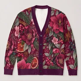 Magenta Botanical Berry Floral Holiday Motifs for Cozy Autumn Winter Everyday Layering All-over Print Knitted Cardigan