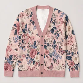 Vintage Roses, Butterflies And Ribbon Bows For Romantic Everyday Layering, Women All-over Print Knitted Cardigan