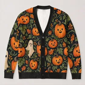 Whimsical Pumpkin Faces For Cozy Autumn Outings And Halloween Gatherings With Friends All-over Print Knitted Cardigan