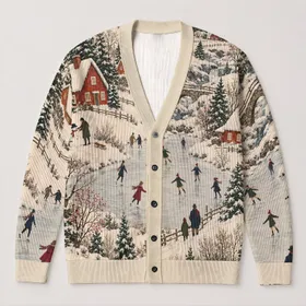 Snowy Village Skaters Winter Scene For Cozy Holiday Layering, Women’s Autumn Style All-over Print Knitted Cardigan