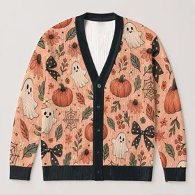 Pumpkins, Ghosts And Bows For Cozy Halloween Gatherings And Autumn Everyday Wear All-over Print Knitted Cardigan