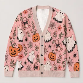 Cute Ghosts And Pumpkins For Cozy Autumn Halloween Seasonal Style For Plus Size Women All-over Print Knitted Cardigan