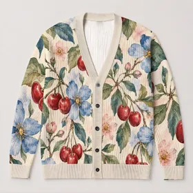 Watercolor Cherries And Blue Garden Flowers For Cozy Autumn Layering Women's Style All-over Print Knitted Cardigan