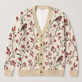 Red-Breasted Birds And Berry Branches For Cozy Autumn Layering, Women's Woodland Style All-over Print Knitted Cardigan