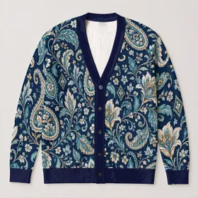 Navy Paisley Floral Boho Style For Everyday Office Travel And Seasonal Layering Wear All-over Print Knitted Cardigan