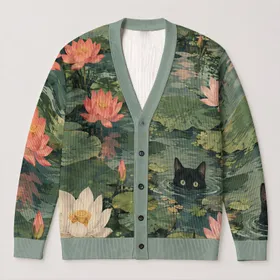 Black Cat Lotus Pond Scene For Relaxed Layering And Everyday Nature-Inspired Style All-over Print Knitted Cardigan