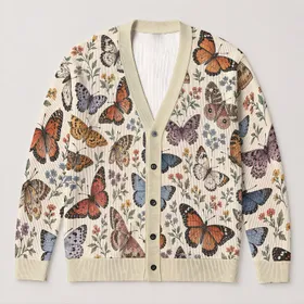 Vintage Butterfly Meadow Motifs for Relaxed Spring and Autumn Layering Women Nature Lover All-over Print Knitted Cardigan