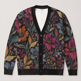 Abstract Botanical Blooms in Jewel Tones for Artistic Everyday Layering and Gifting All-over Print Knitted Cardigan