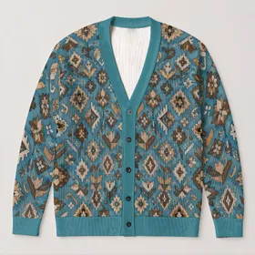 Teal Geometric Folk Motifs for Relaxed Everyday Layering and Weekend Style All-over Print Knitted Cardigan
