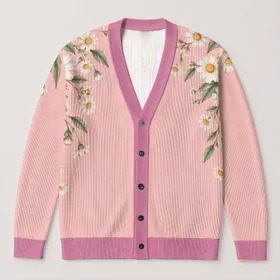 Pink Daisy Floral Blossoms for Romantic Everyday Layering in Women's Autumn Style All-over Print Knitted Cardigan