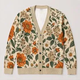 Orange Wildflower Botanical Motif for Casual Spring Layering and Everyday Boho Style All-over Print Knitted Cardigan