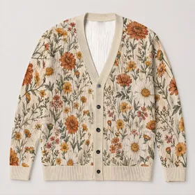 Rust Wildflower Meadow Motifs for Relaxed Everyday Layering, Women’s Botanical Style All-over Print Knitted Cardigan