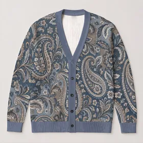 Blue Gray Paisley Florals for Relaxed Everyday Layering and Youthful Weekend Style All-over Print Knitted Cardigan