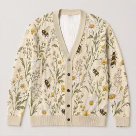 Bumblebee Daisy Meadow Motif for Relaxed Cottagecore Layering and Everyday Style All-over Print Knitted Cardigan
