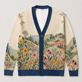 Bohemian Wildflower Meadow with Folk Bands for Vacation Layering, Women's Everyday Style All-over Print Knitted Cardigan