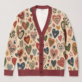 Colorful Hand-Drawn Heart Motifs for Romantic Everyday Layering and Creative Women All-over Print Knitted Cardigan