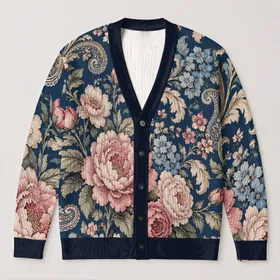 Baroque Floral Medallion Navy Layering Style for Romantic Everyday Wardrobe Dressing All-over Print Knitted Cardigan