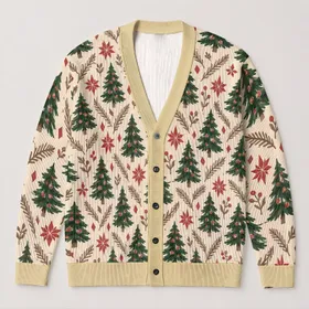 Evergreen Tree And Red Star Holiday Motif For Cozy Autumn Winter Layering At Home All-over Print Knitted Cardigan