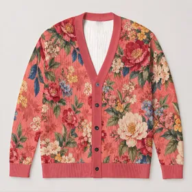 Bright Coral Floral Blooms for Spring Layering and Semi-Formal Days for Women’s Everyday Wear All-over Print Knitted Cardigan