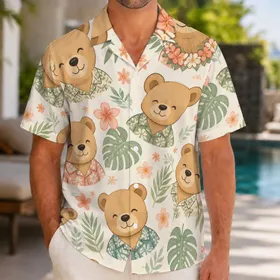 Sleepy Bear Faces With Tropical Leaves For Playful Vacation Days Everywhere, Men And Women Hawaiian Shirt