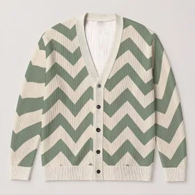 Sage Ivory Chevron Layers for Relaxed Spring Travel Style in Extended Sizes, Plus Size All-over Print Knitted Cardigan