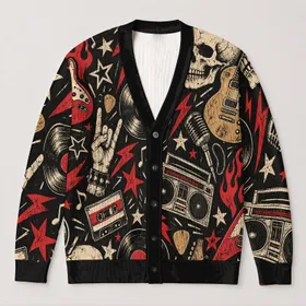Vintage Rock Music Skulls And Guitars For Concert Nights And Casual Layering Fans All-over Print Knitted Cardigan