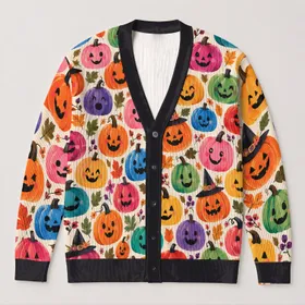 Colorful Jack-O'-Lantern Pumpkins for Cozy Autumn Gatherings, Vacation Days, and Women All-over Print Knitted Cardigan