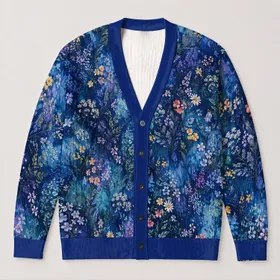 Blue Wildflower Meadow for Autumn Getaways and Date Nights, Women's Cozy Layering All-over Print Knitted Cardigan