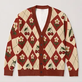 Cherry Floral Argyle Style for Autumn Dates and Vacations, Women’s Vintage Layering All-over Print Knitted Cardigan