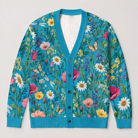Blue Wildflower Bouquet Style for Spring Layering and Relaxed Everyday Outfits, Women All-over Print Knitted Cardigan