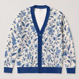 Vintage Blue Botanical Florals For Autumn Layering And Vacation Style, Casual Elegant Women All-over Print Knitted Cardigan