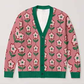 Red Flower Green Leaf Botanical Style For Autumn Vacation And Everyday Layering For Women All-over Print Knitted Cardigan