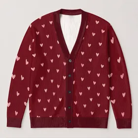 Blush Hearts on Wine Red for Romantic Weekends and Everyday Women's Layering Style All-over Print Knitted Cardigan