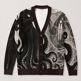 Black Cat Octopus Spiderweb Motif For Spooky Fall Layering, Gothic Animal Lovers Gift All-over Print Knitted Cardigan
