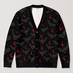 Mothman and Crimson Crescent Moon Night Sky for Gothic Everyday Layering and Collectors All-over Print Knitted Cardigan