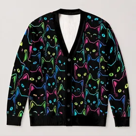 Neon Black Cat Faces for Cozy Everyday Layering and Cat Lover Gifts for Kawaii Fans All-over Print Knitted Cardigan
