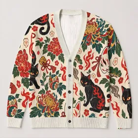 Kitsune Fox Mask and Japanese Tattoo Motifs for Streetwear and Everyday Layering All-over Print Knitted Cardigan