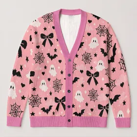 Cute Ghosts, Bats and Black Bows for Playful Halloween Layering and Cozy Autumn Style All-over Print Knitted Cardigan