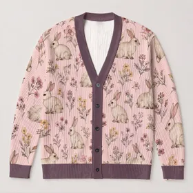 Pink Rabbit Wildflower Motifs For Cozy Everyday Layering And Cottagecore Women's Style All-over Print Knitted Cardigan