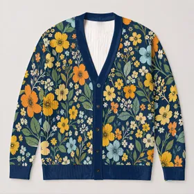 Navy Blue Floral Blossoms for Casual Layering, Poolside Days, and Relaxed Style All-over Print Knitted Cardigan