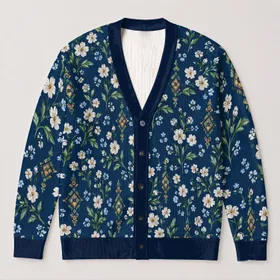 Navy White Wildflower Garden for Casual Spring Travel and Everyday Layering Women All-over Print Knitted Cardigan