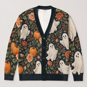 Ghost Pumpkin Rose Halloween Botanical Layering Style for Women and Autumn Gatherings All-over Print Knitted Cardigan