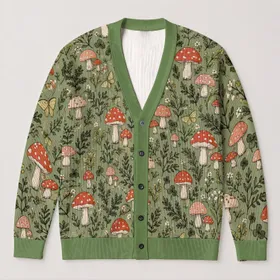 Colorful Mushroom Forest Autumn Boho Woodland Cottagecore Vacation Date Style Gift All-over Print Knitted Cardigan