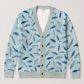 Navy Blue Fish Motif for Coastal Vacation Layering and Autumn Outfits, Women's Style All-over Print Knitted Cardigan