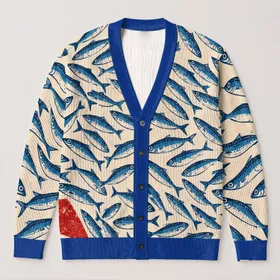 Blue Sardine Motif For Coastal Holiday Layering And Everyday Women's Casual Style All-over Print Knitted Cardigan