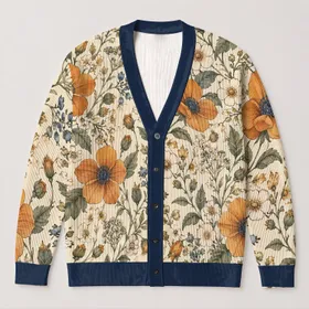 Sunflower And Blue Flower Botanical Motif For Autumn Layering, Women’s Casual Style All-over Print Knitted Cardigan